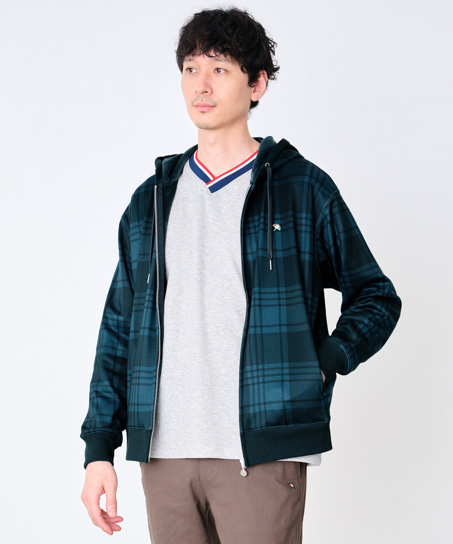 ピーチシャギー シェア チェックプリント ジップパーカー