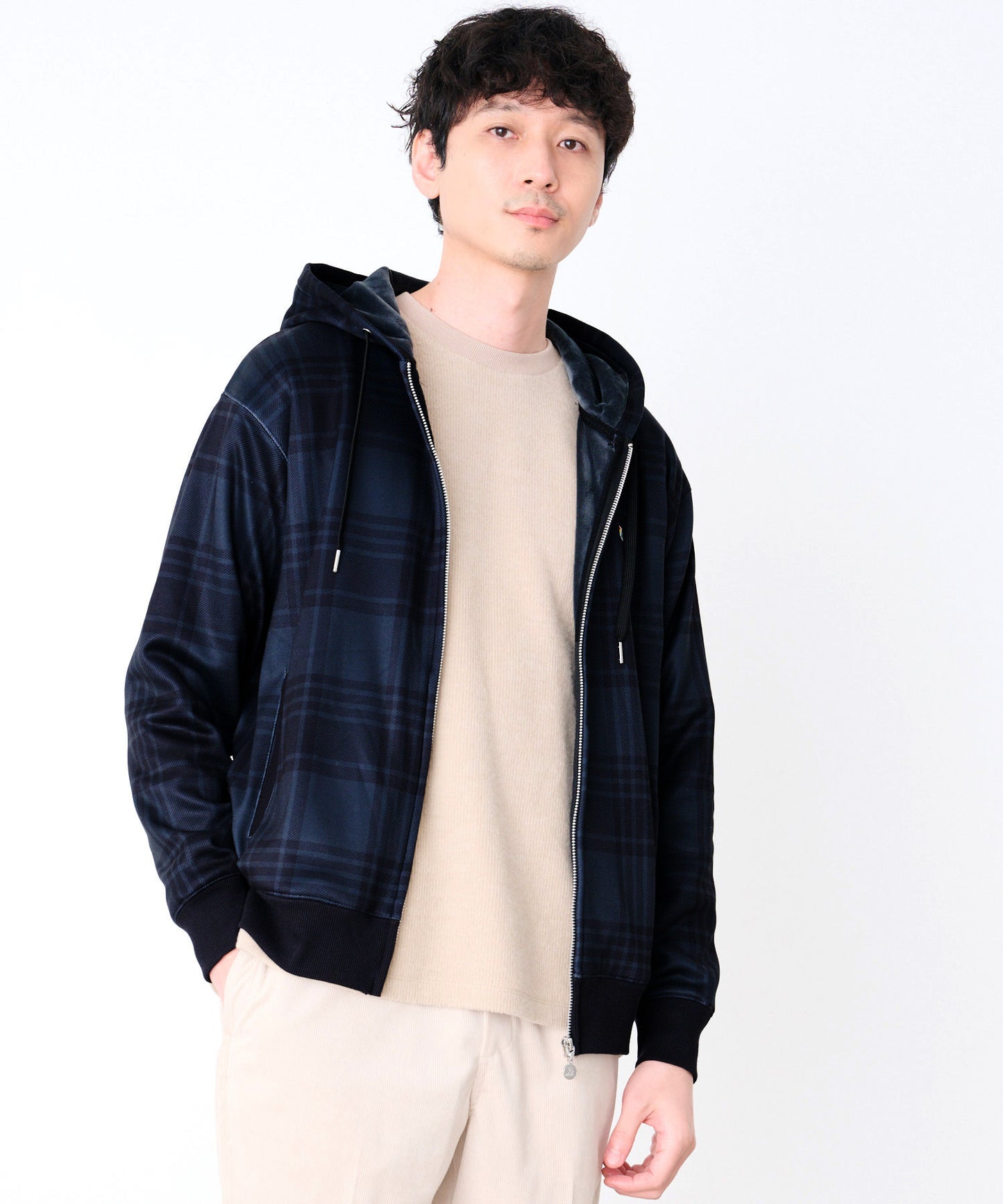 ピーチシャギー シェア チェックプリント ジップパーカー