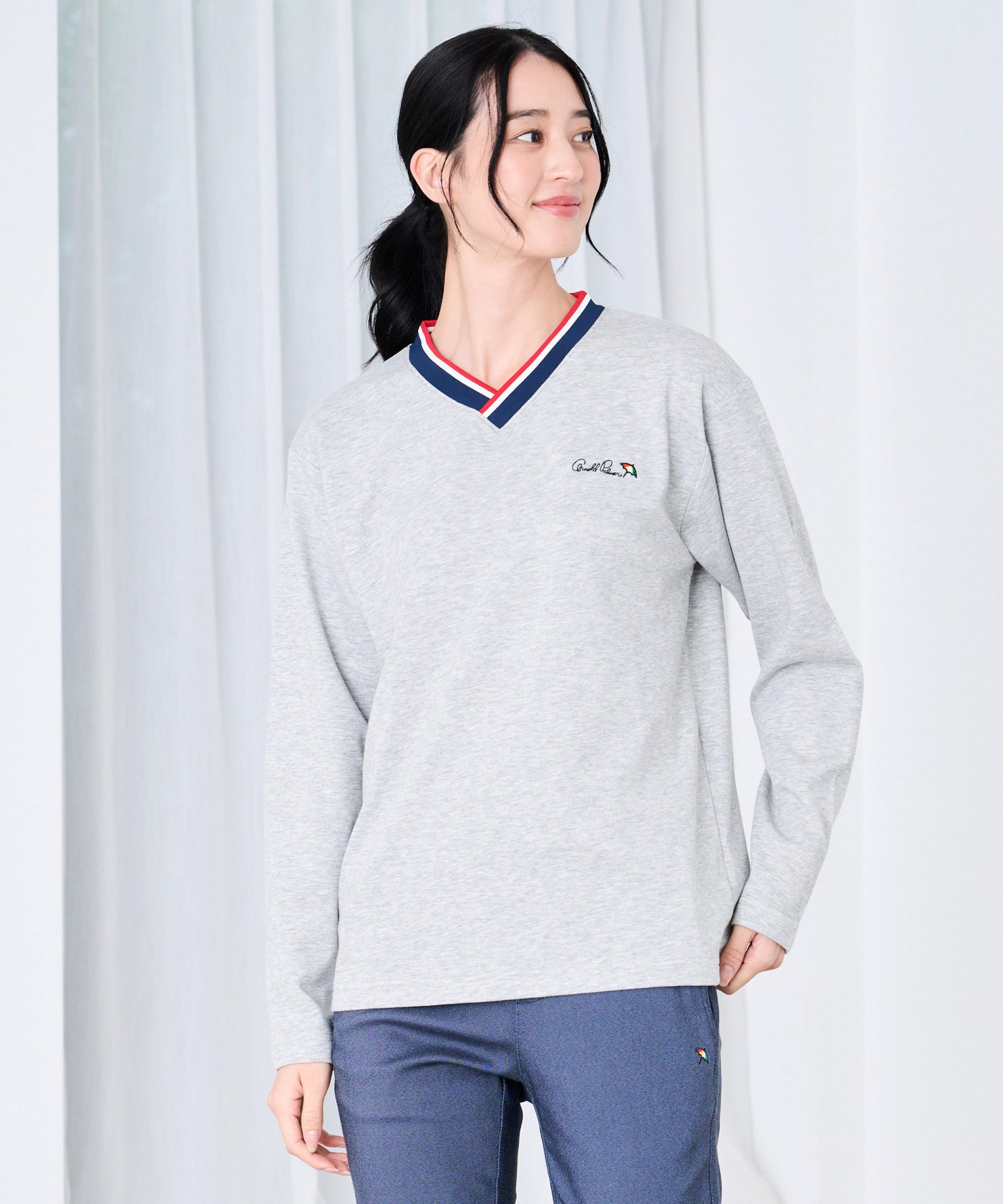 【予約】シェア カラ―リブライン Vネック ロングスリーブTシャツ