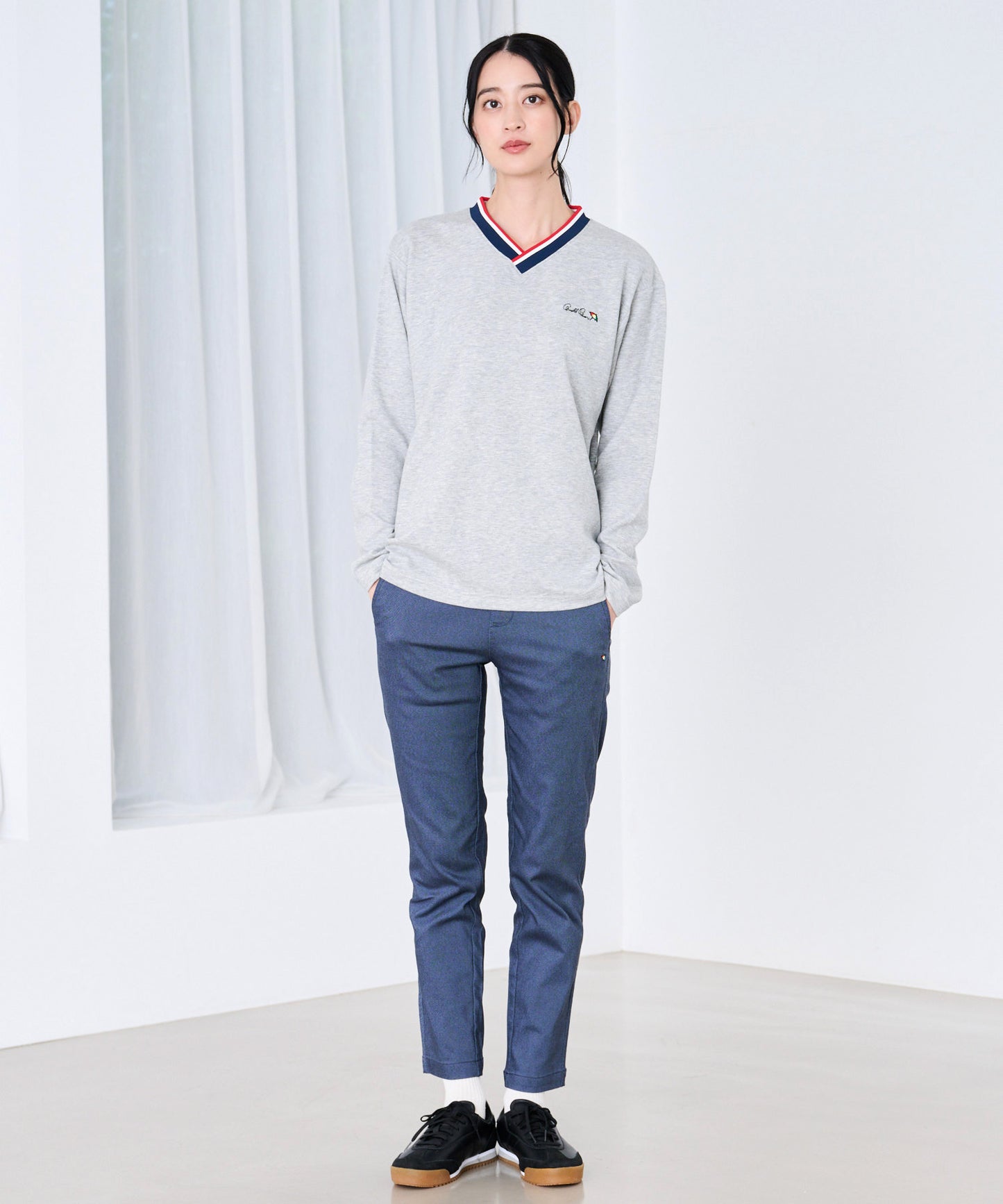 【予約】シェア カラ―リブライン Vネック ロングスリーブTシャツ