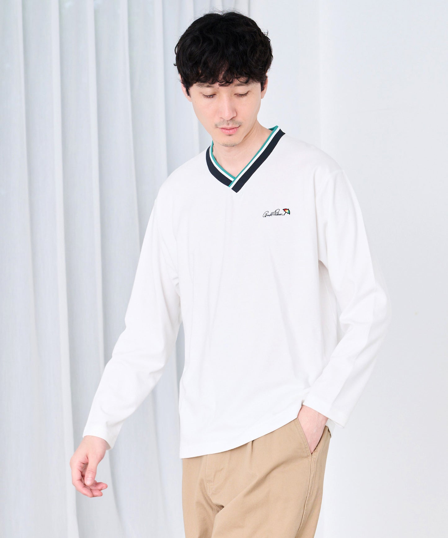 【予約】シェア カラ―リブライン Vネック ロングスリーブTシャツ