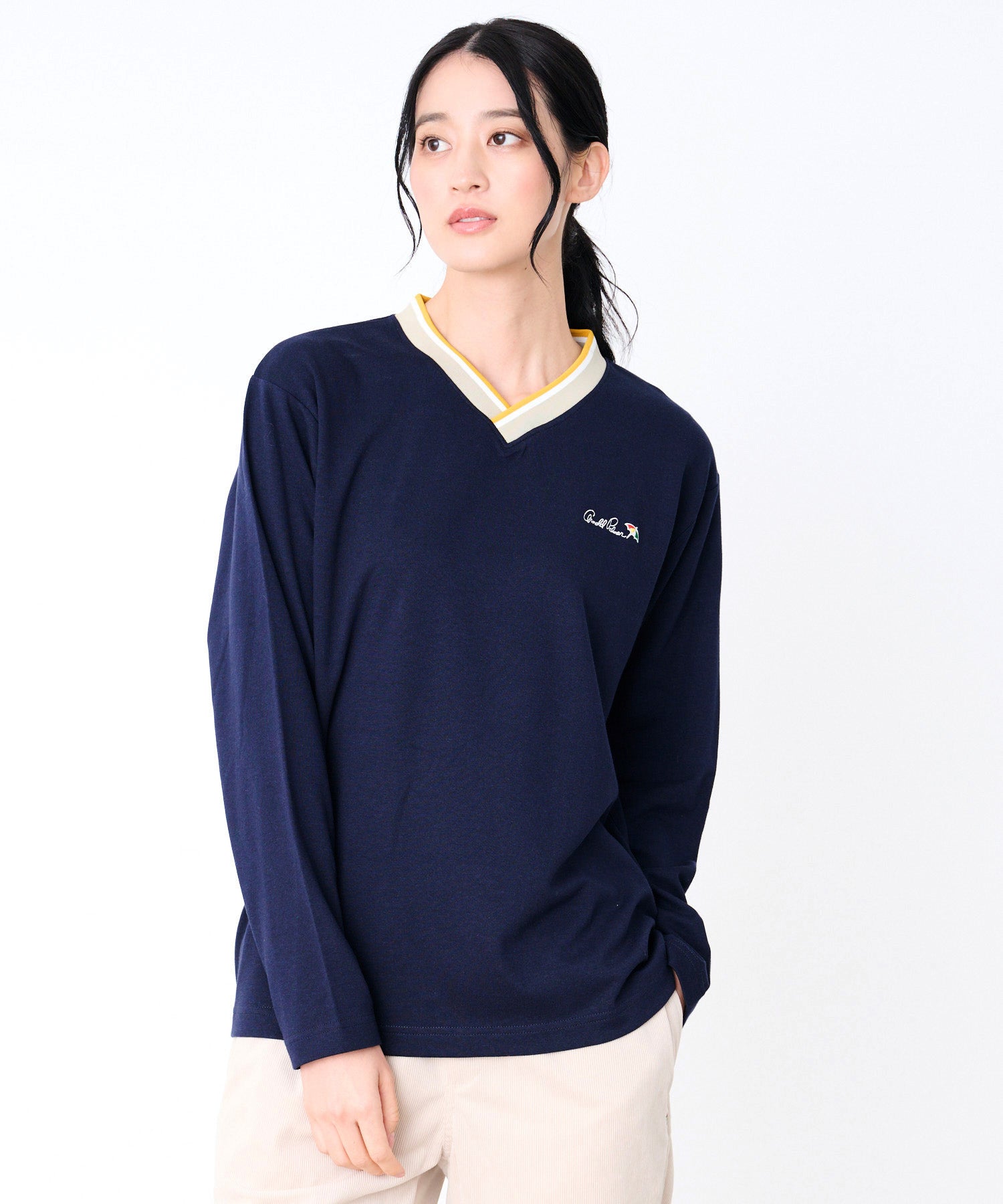 シェア カラ―リブライン Vネック ロングスリーブTシャツ（Tシャツ