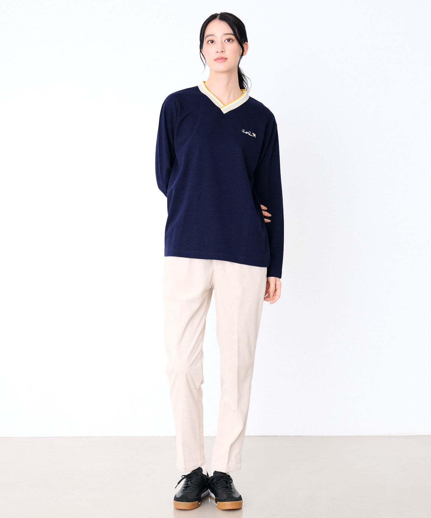 【予約】シェア カラ―リブライン Vネック ロングスリーブTシャツ