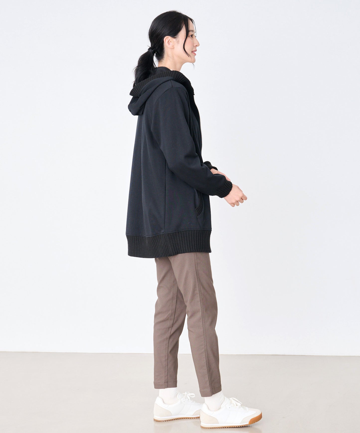 裏フリース ニットドッキング チュニックパーカー