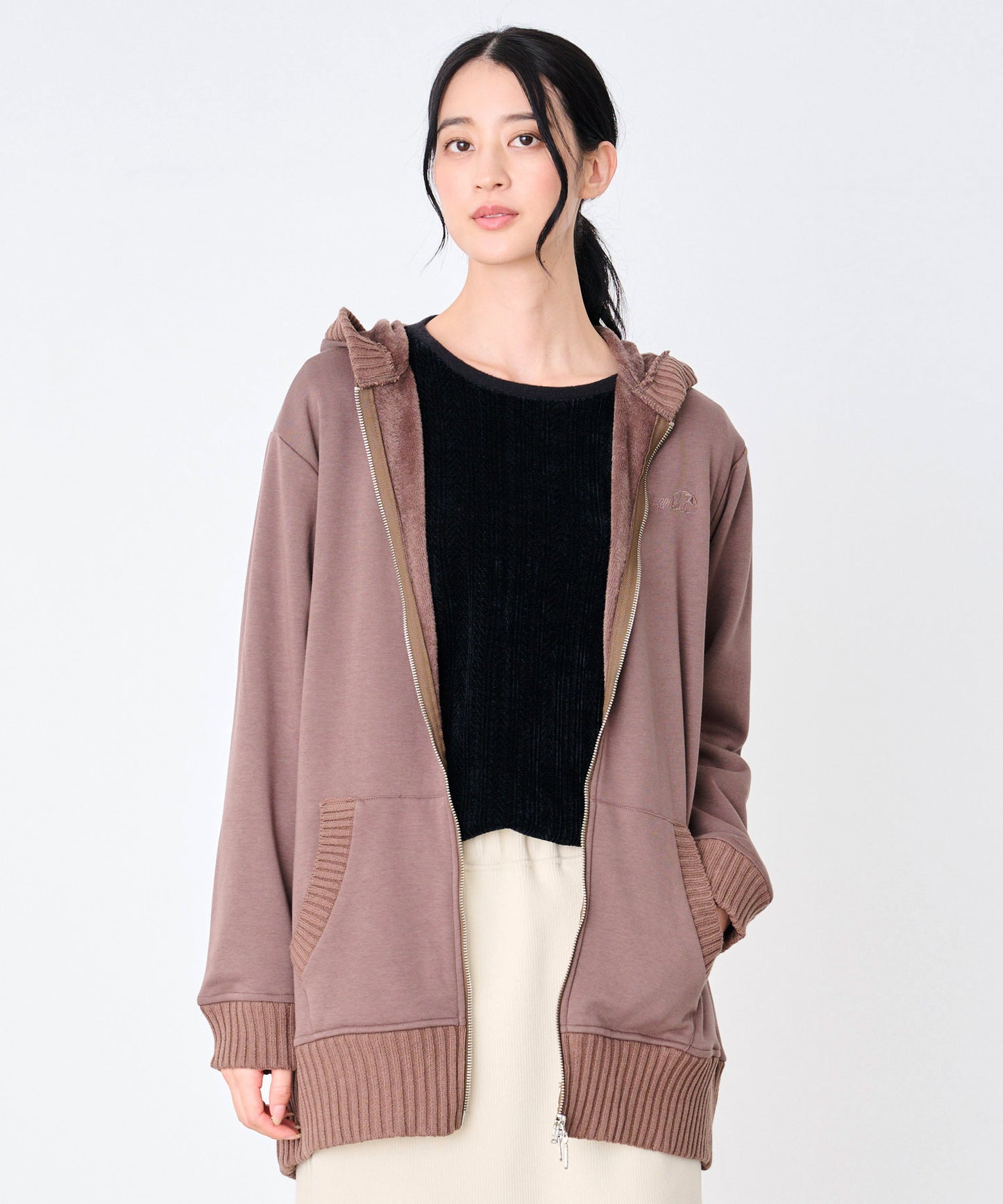 裏フリース ニットドッキング チュニックパーカー