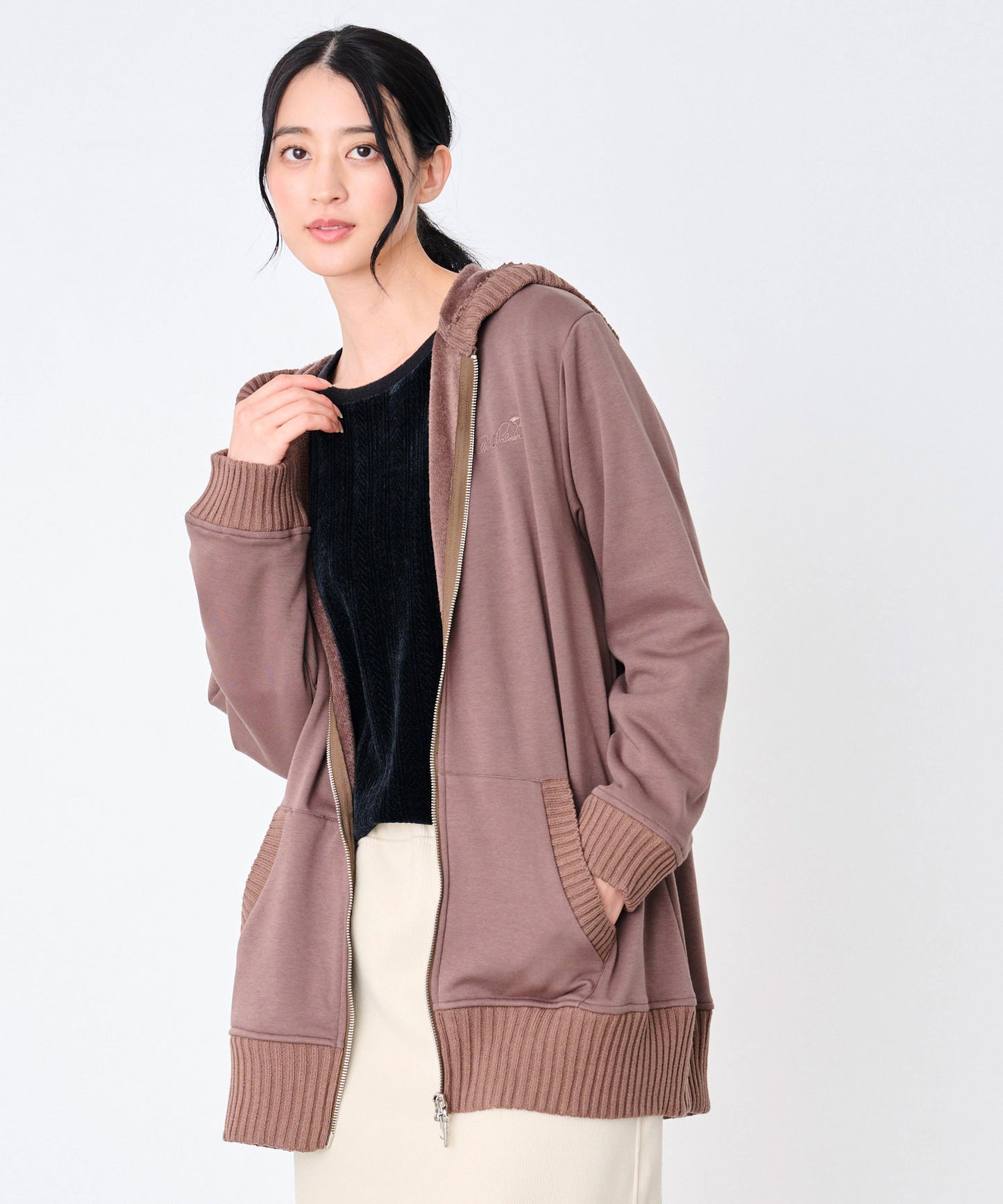 裏フリース ニットドッキング チュニックパーカー