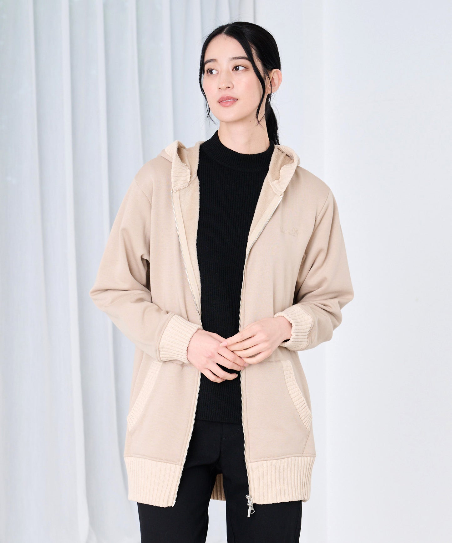 裏フリース ニットドッキング チュニックパーカー