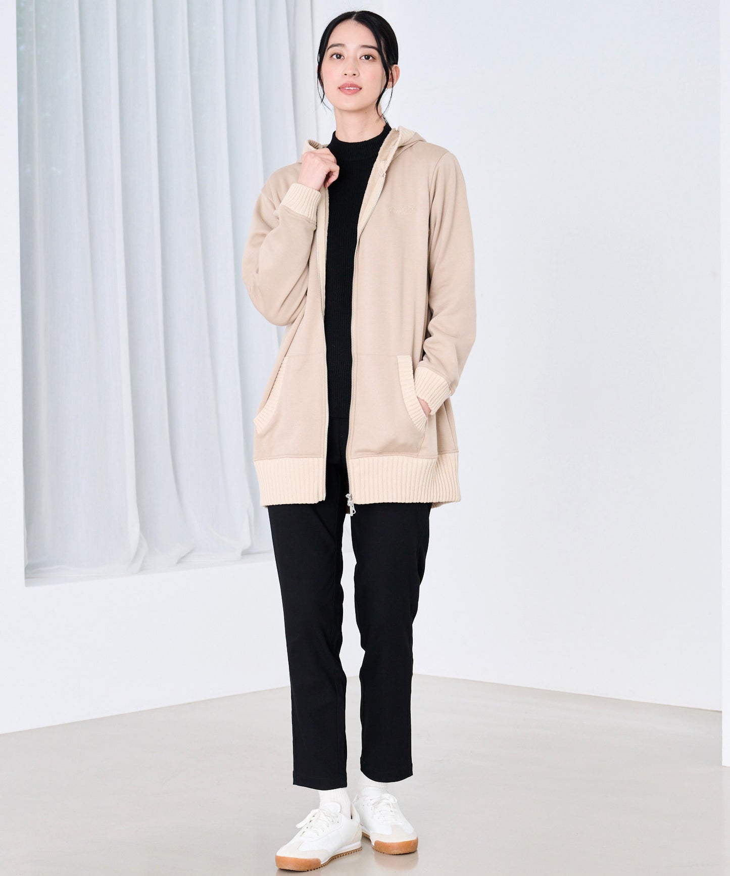 裏フリース ニットドッキング チュニックパーカー