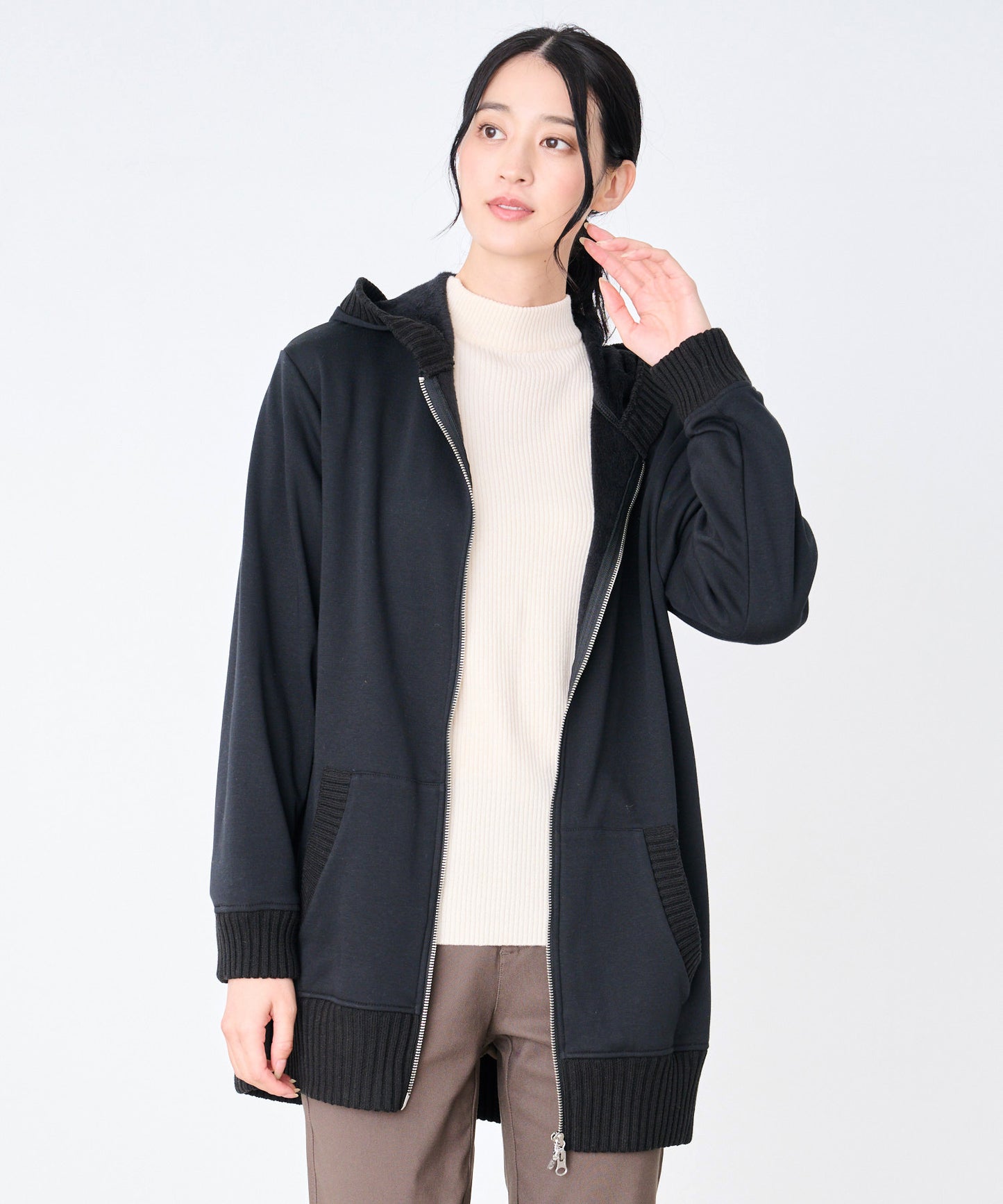裏フリース ニットドッキング チュニックパーカー