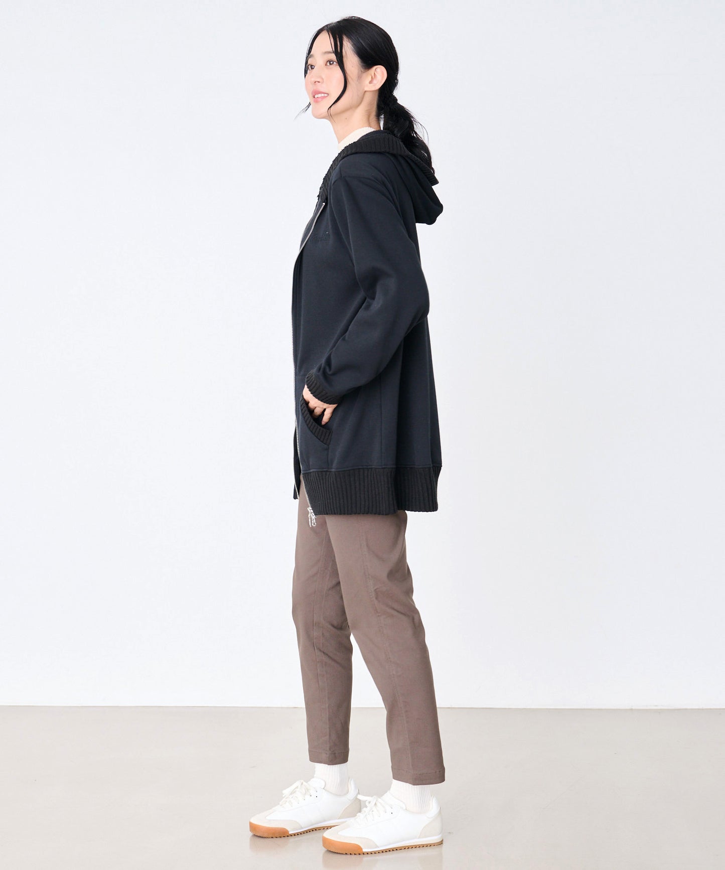 裏フリース ニットドッキング チュニックパーカー