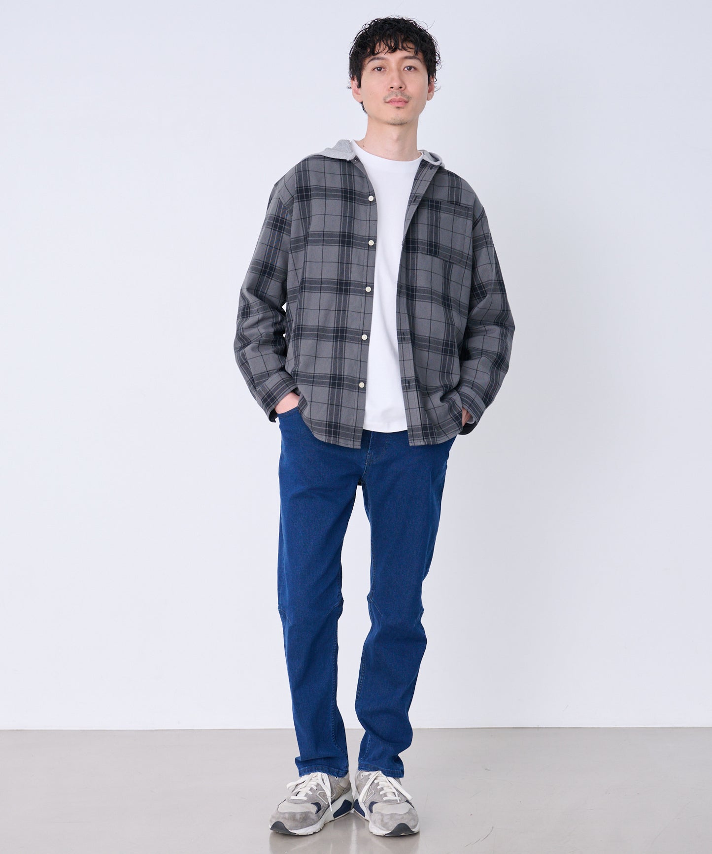 シャドーチェック 長袖 フードシャツ