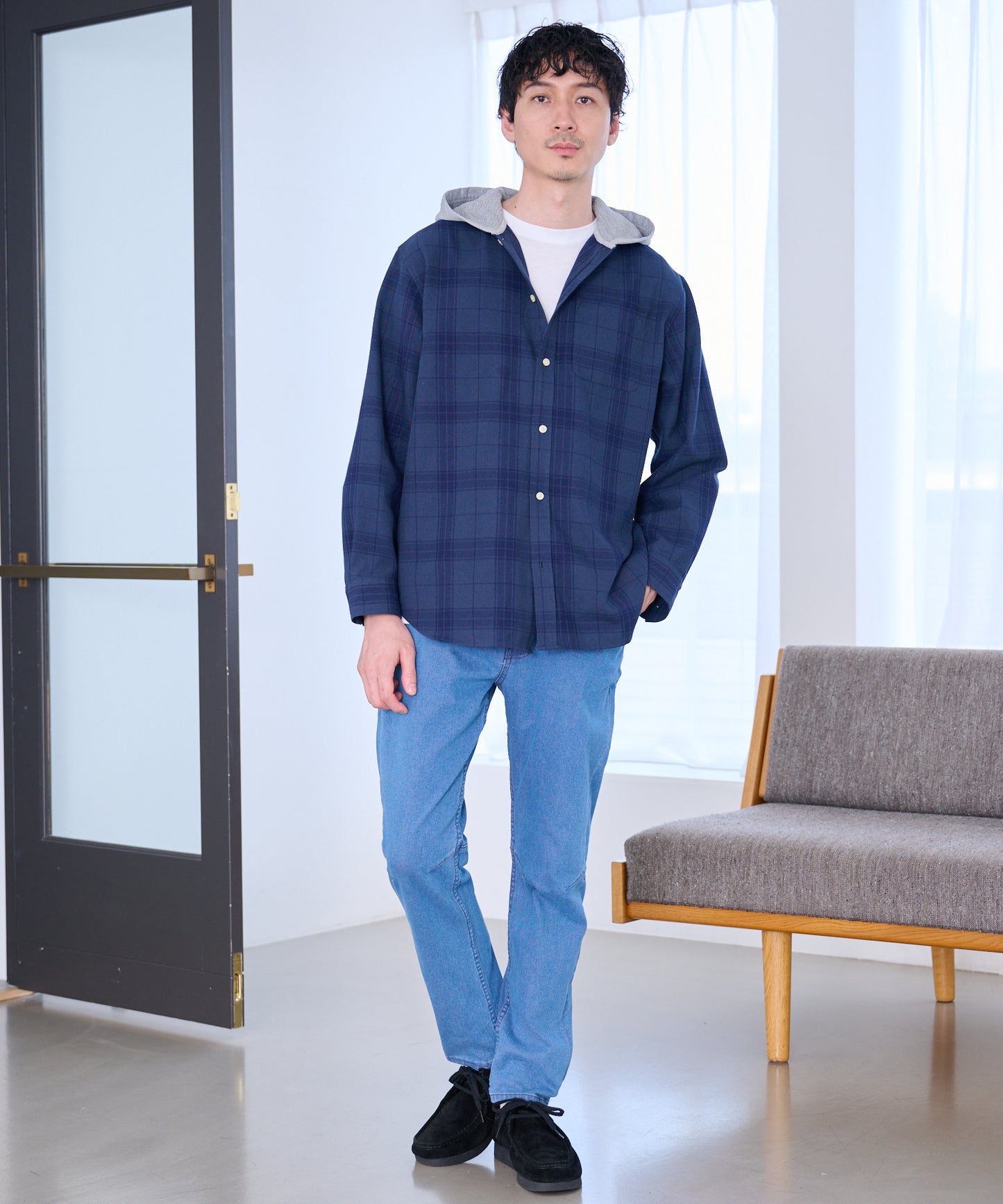 シャドーチェック 長袖 フードシャツ
