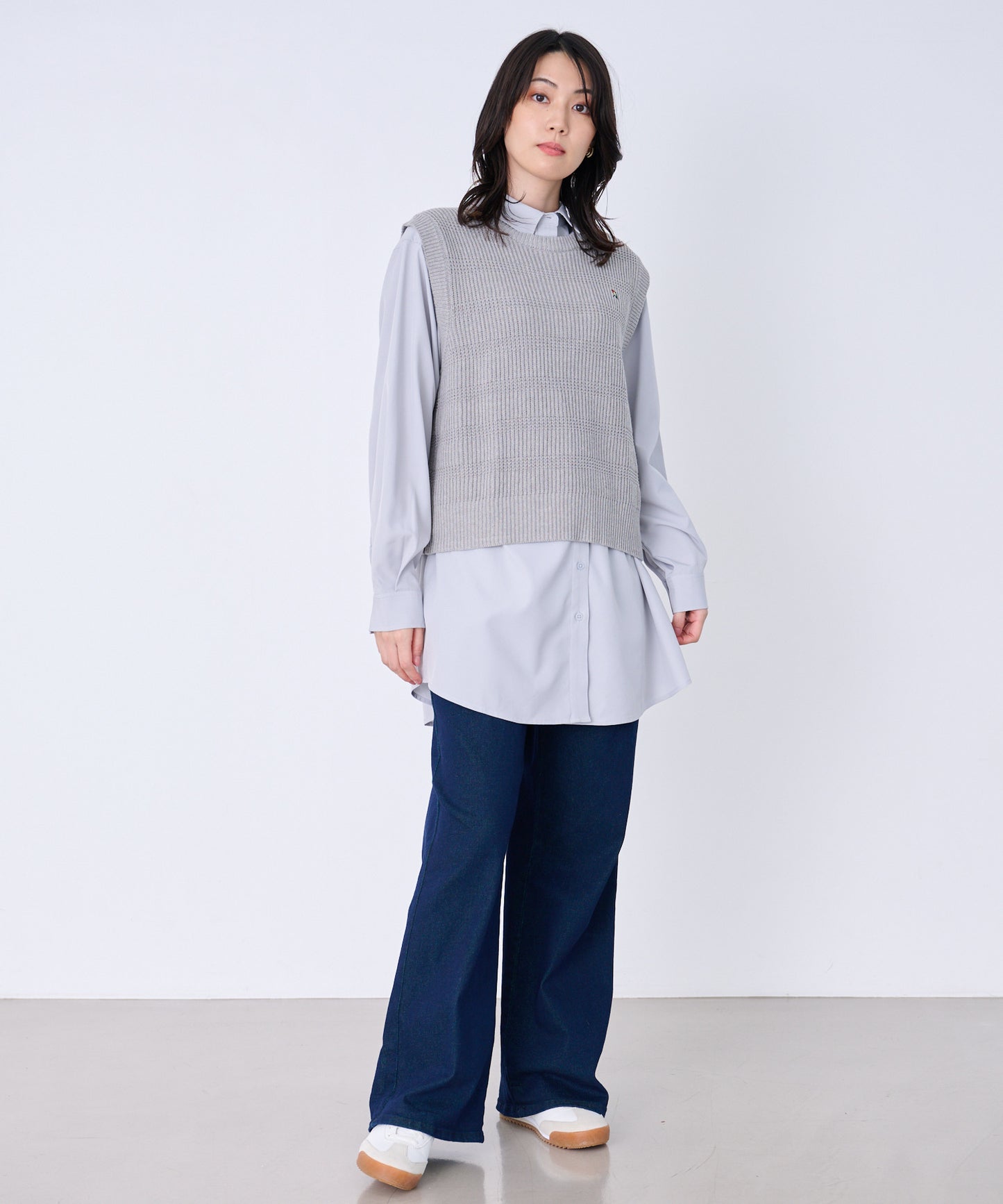 ニットベスト + シャツチュニック レイヤードセット