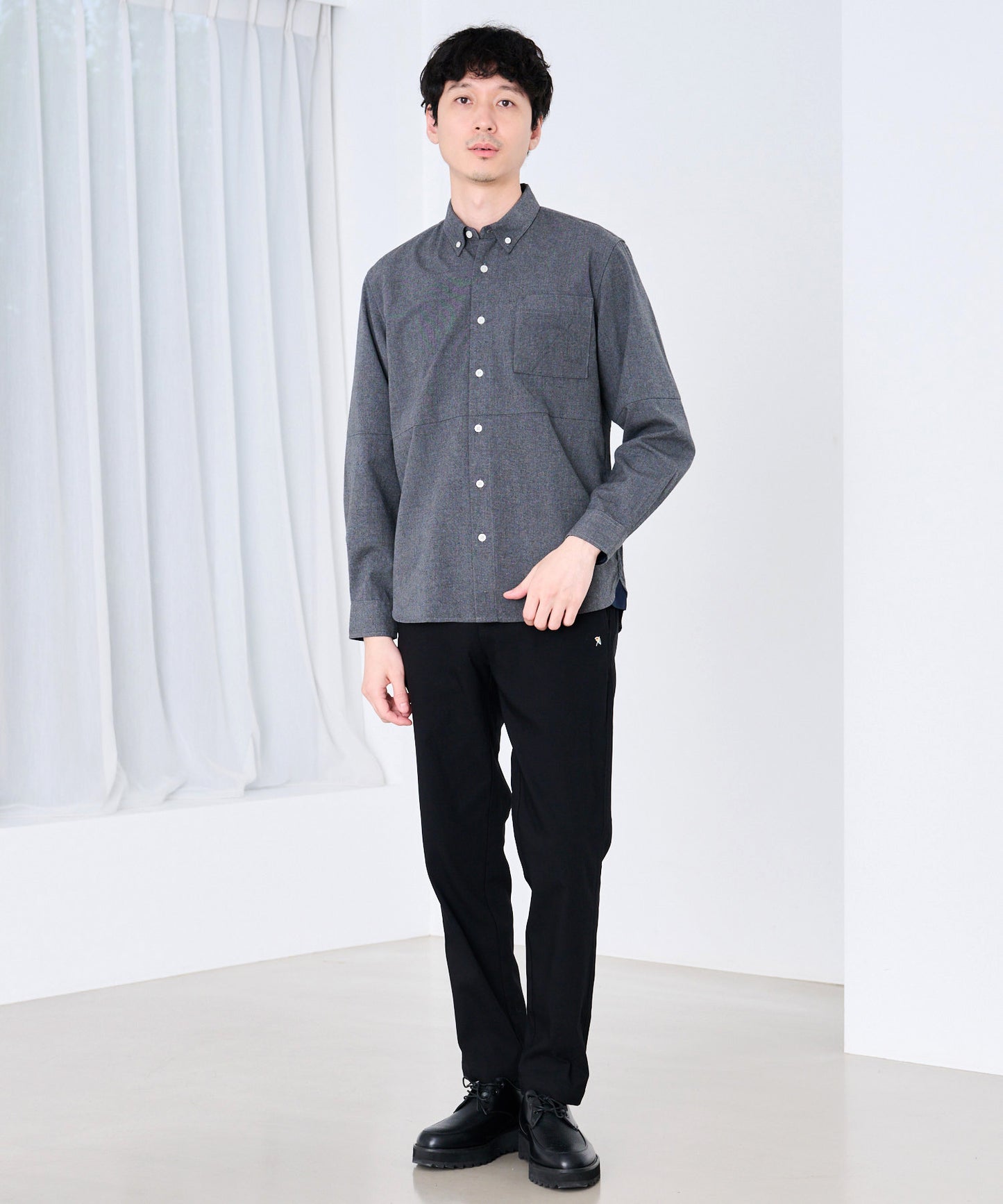 ウールライク起毛 ブロッキング シャツ