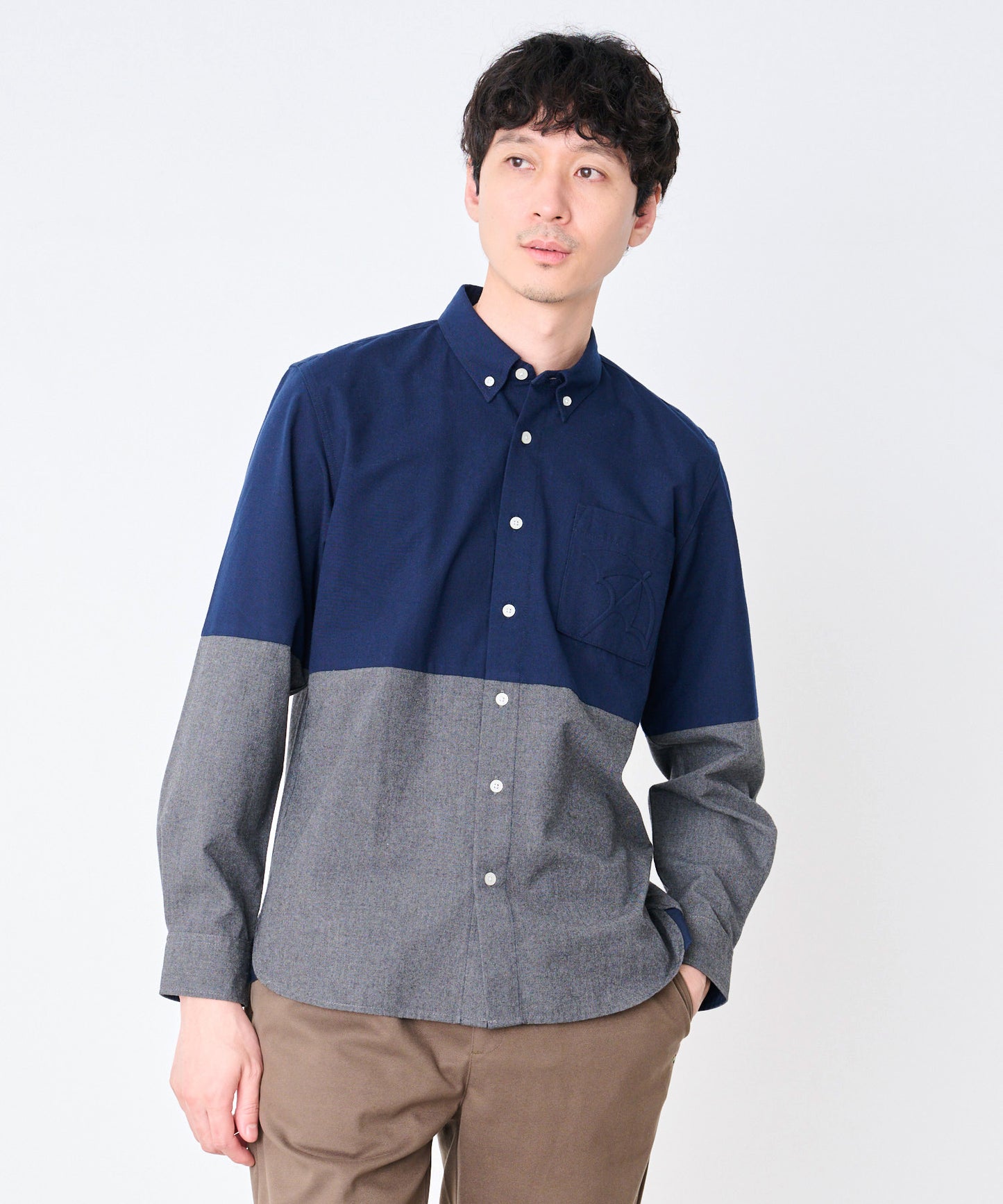 ウールライク起毛 ブロッキング シャツ