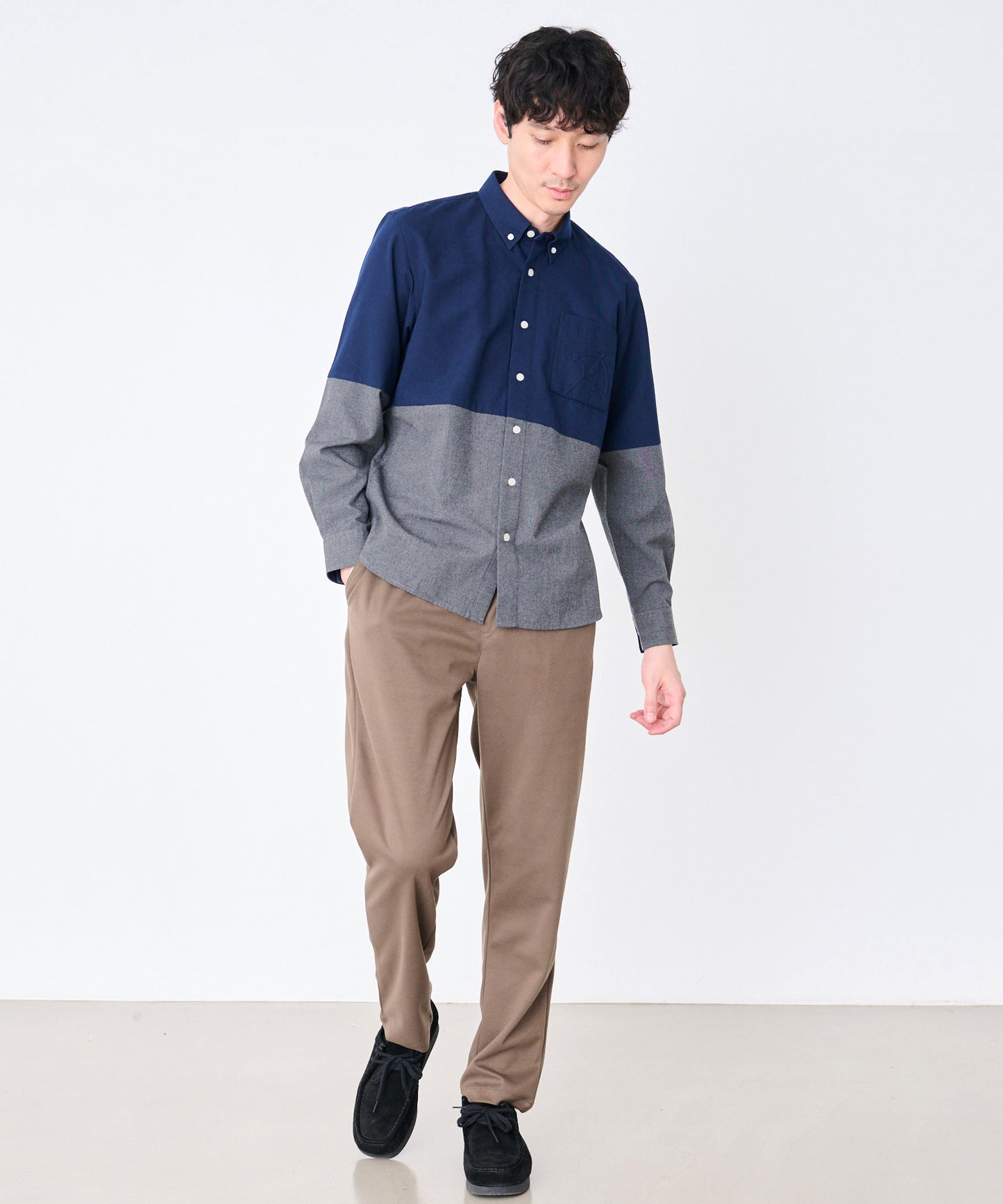 ウールライク起毛 ブロッキング シャツ