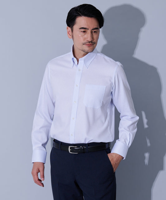 HIROKO KOSHINO　形態安定ブルーストライプスナップボタンシャツ